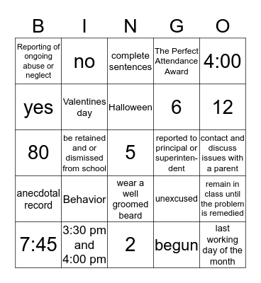 Employee Handbook Bingo!! Bingo Card