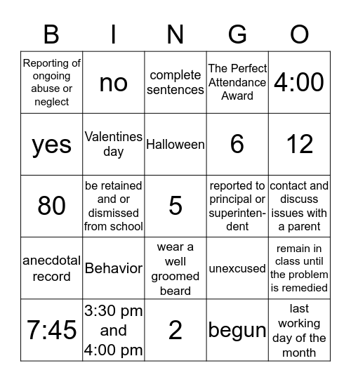 Employee Handbook Bingo!! Bingo Card