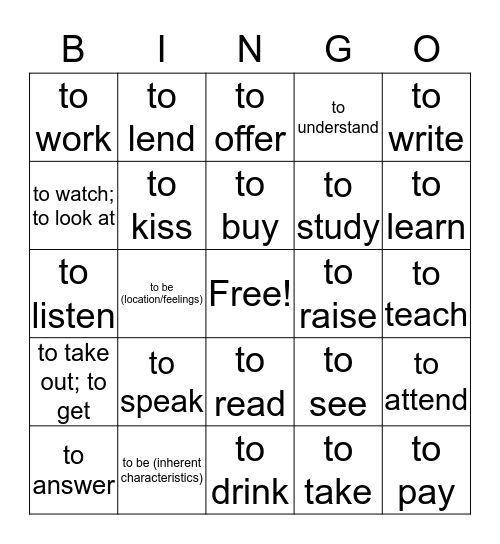 -ar, -er, -ir verbs #2 Bingo Card