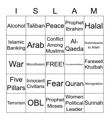 Challenging Questions About Islam Bingo Card