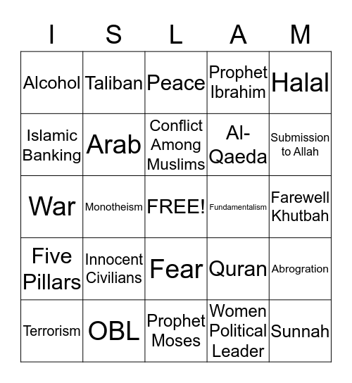 Challenging Questions About Islam Bingo Card