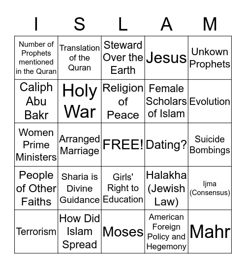 Challenging Questions About Islam Bingo Card
