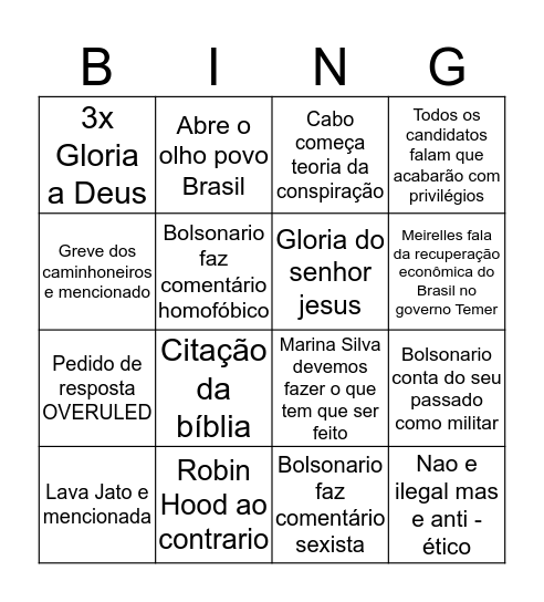 Debate Eleicoes 2018 Bingo Card