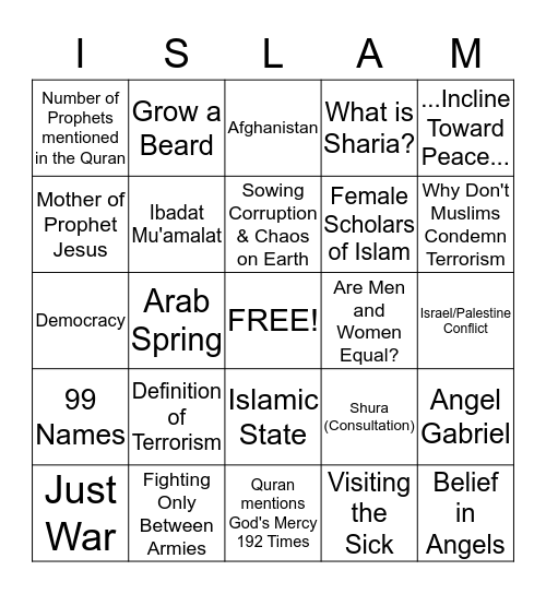 Challenging Questions About Islam Bingo Card