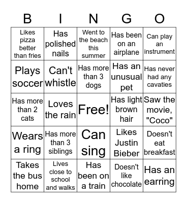 Get to Know your Classmates Bingo Card