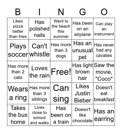 Get to Know your Classmates Bingo Card