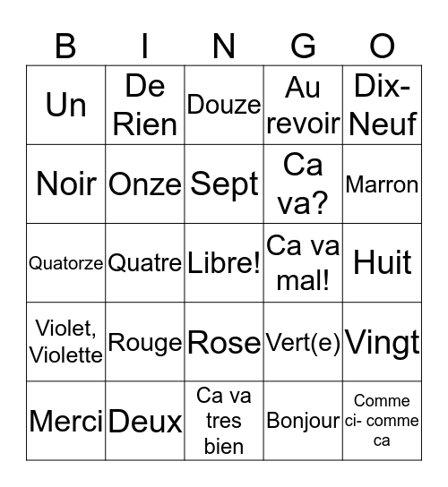Les Nombres and Greetings Bingo Card