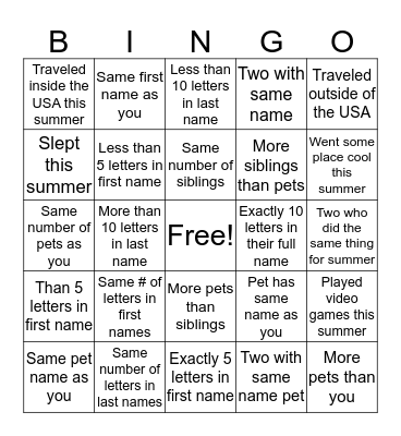 Getting to Know You Bingo Card