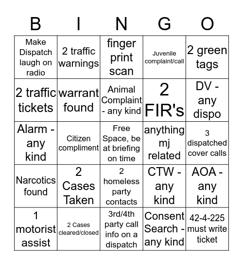 Patrol Bingo 8/10/18 Bingo Card