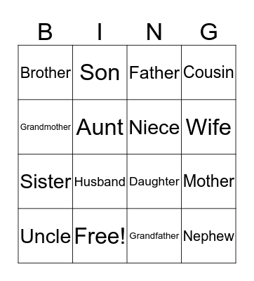 Family Members Bingo Card