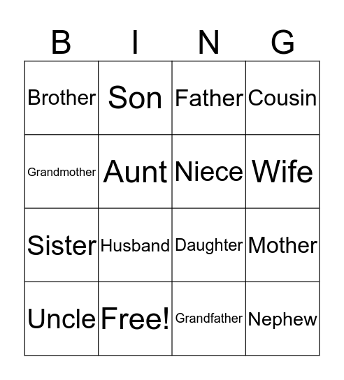 Family Members Bingo Card