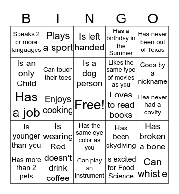 Ice Breaker Bingo Card