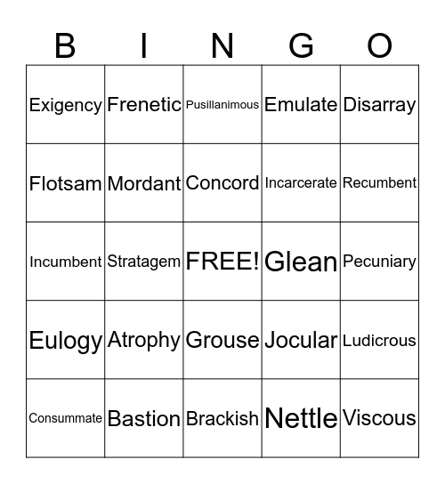 Vocabulary Unit 4 Bingo Card
