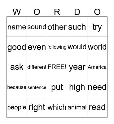 Sight Word Wordo Bingo Card