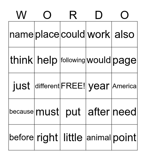 Sight Word Wordo Bingo Card
