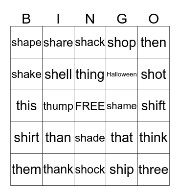 -th   -sh    Spelling Words Bingo Card