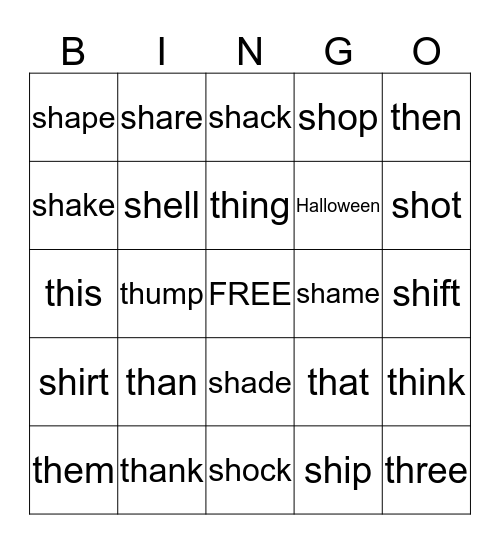 -th   -sh    Spelling Words Bingo Card