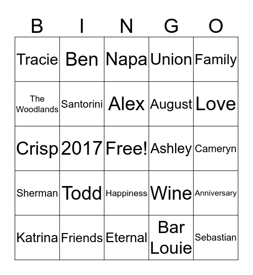 Dunn 1st Anniversary Bingo Card