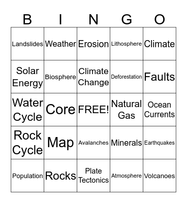 Earth Science Bingo!  Bingo Card