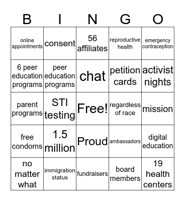 Peer Ed Bingo Card