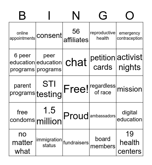 Peer Ed Bingo Card