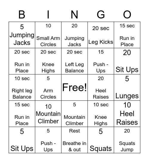 GET FIT TUESDAY Bingo Card