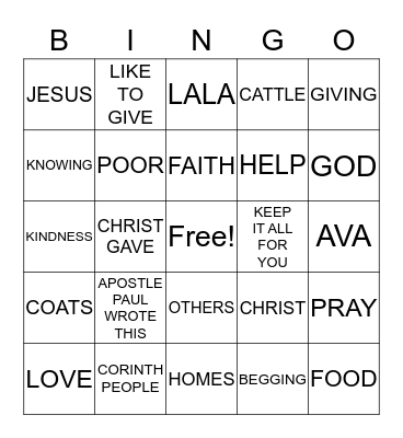 GIVING GENEROUSLY BINGO 2 Bingo Card