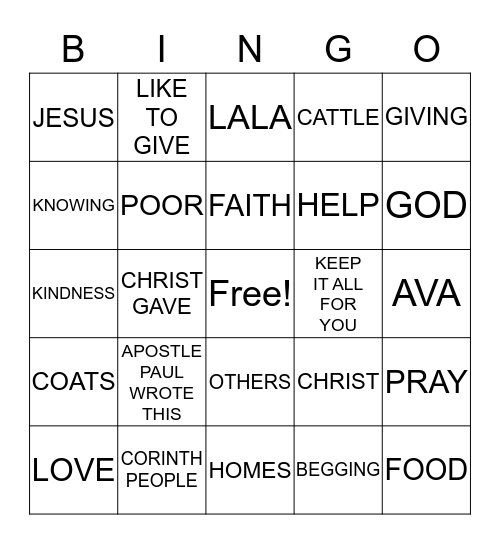 GIVING GENEROUSLY BINGO 2 Bingo Card