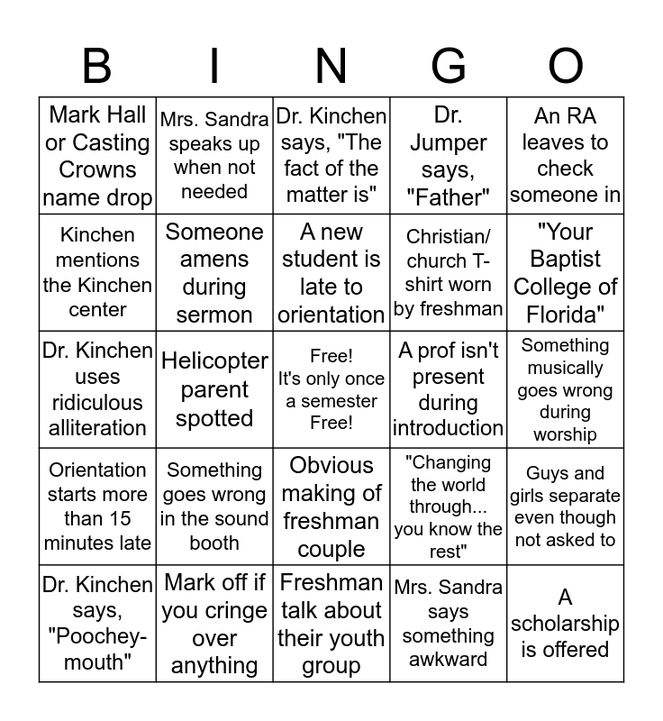 BCF Orientation Bingo Card