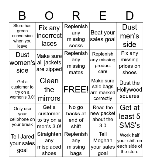 Boredom Bingo Card