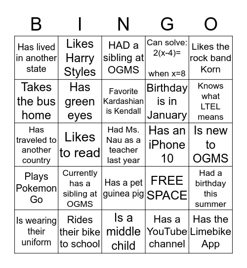 Get to Know You Bingo !! Bingo Card