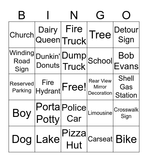 Road Trip Bingo Card