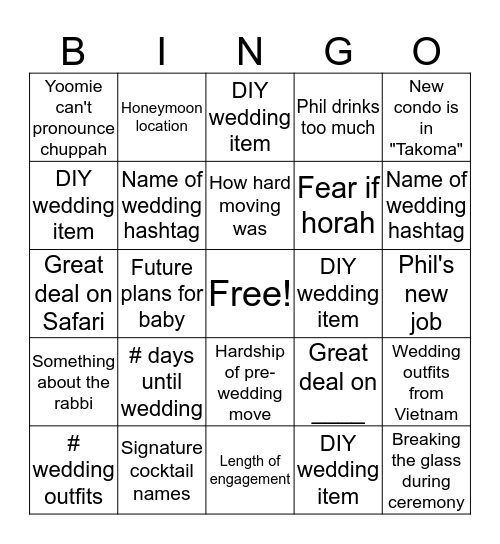 Wedding shower Bingo Card