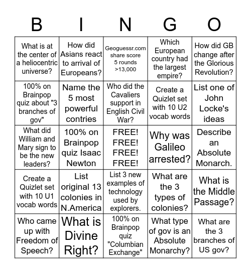 EXTRA CREDIT BINGO--1st 9 wks  Bingo Card