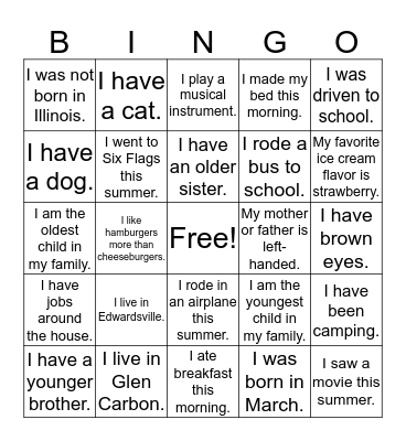 Getting To Know You Bingo Card