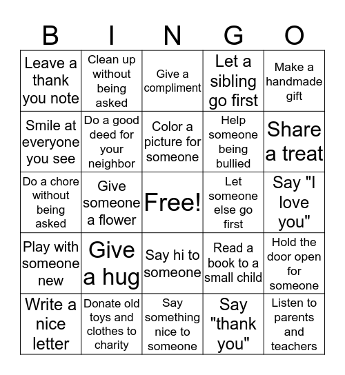 Acts of Kindness Bingo Card