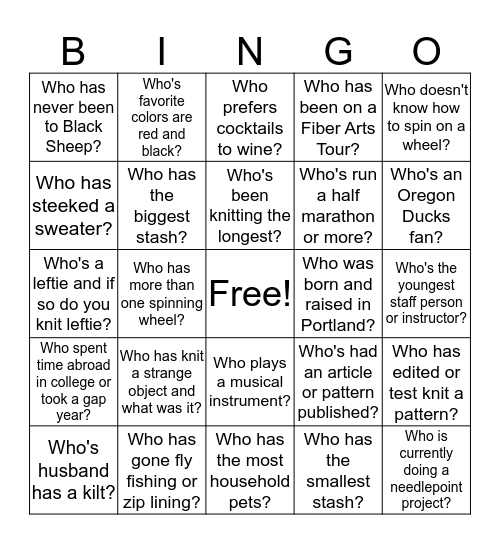 NW Wools Bingo Card