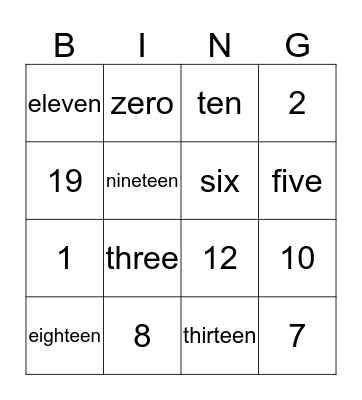 number name Bingo Card