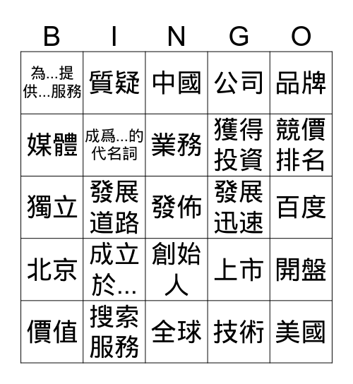 百度（第一部分） Bingo Card