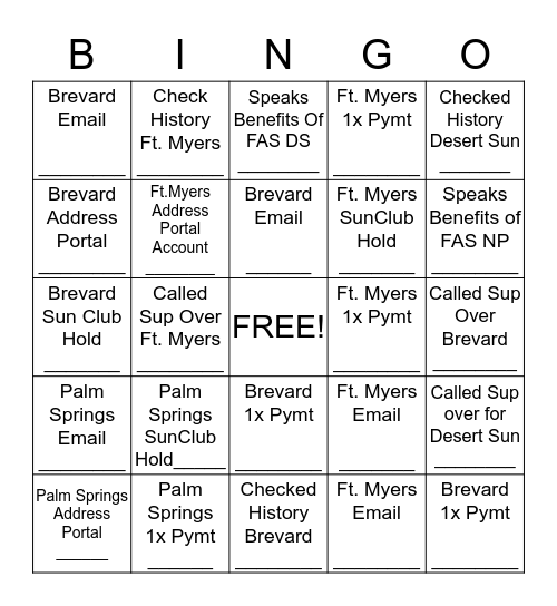 SUN CLUB Bingo Card