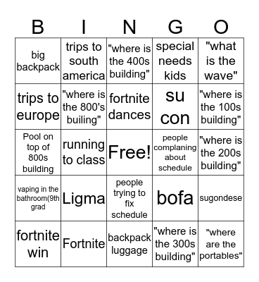 freshman bingo Card