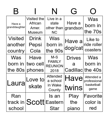 Mitchell-Scott Family Reunion 2018 Bingo Card