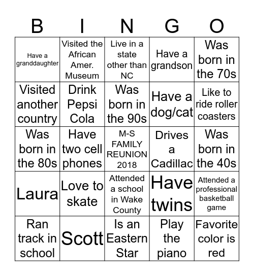 Mitchell-Scott Family Reunion 2018 Bingo Card