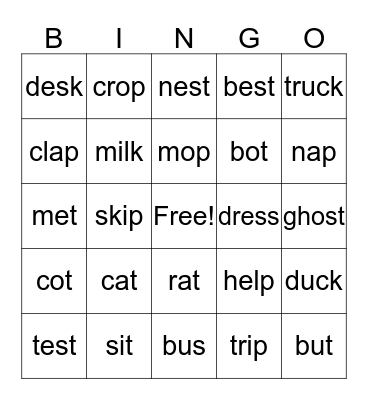 Short Vowels Bingo Card