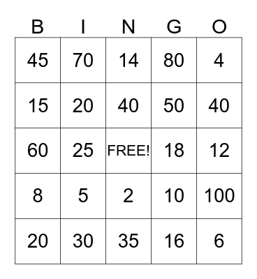 Multiplication  Bingo Card