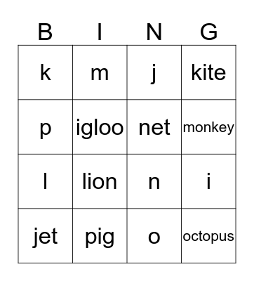Phonics I-J-K-L-M-N-O-P Bingo Card