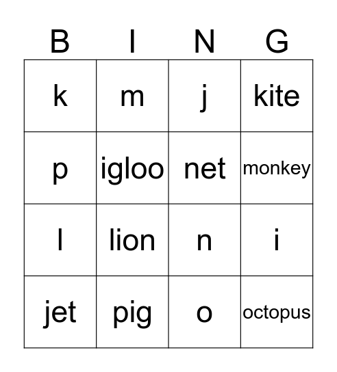 Phonics I-J-K-L-M-N-O-P Bingo Card