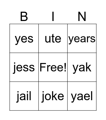 The /y/ sound Bingo Card