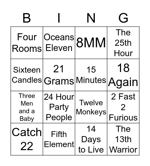 Movies with Numbers in the title Bingo Card