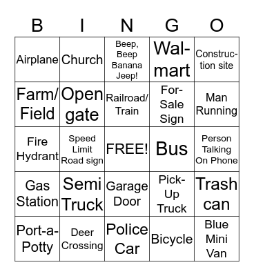 Travel  Bingo Card